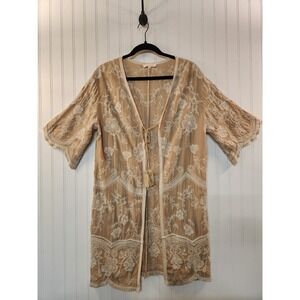Solitaire Embroidered Kimono Cardigan Tan Beige Floral Tassel Tie Boho Womens L